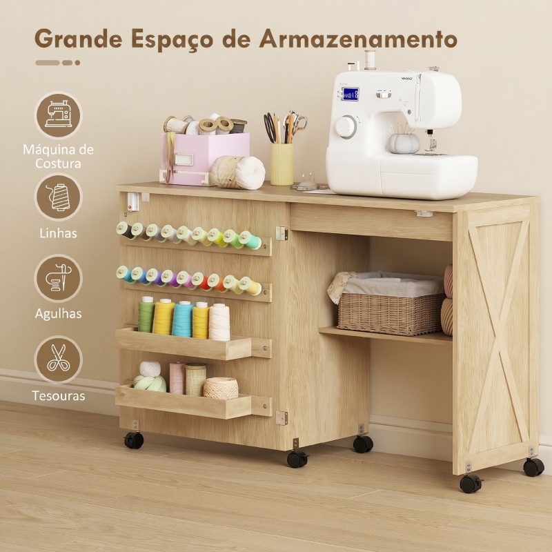HOMCOM Mesa Dobrável para Máquina de Costura com Porta Magnética, 2 Compartimentos, Prateleira, 18 Suportes para Linhas e 5 Rodas, Madeira Natural