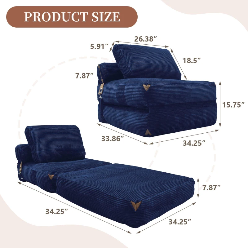 3-in-1 Convertible Corduroy Floor Sofa Bed with Side Pockets, Oversized Chaise Lounge for Bedrooms or Student Dorms, 87L x 86W x 40H cm, Blue