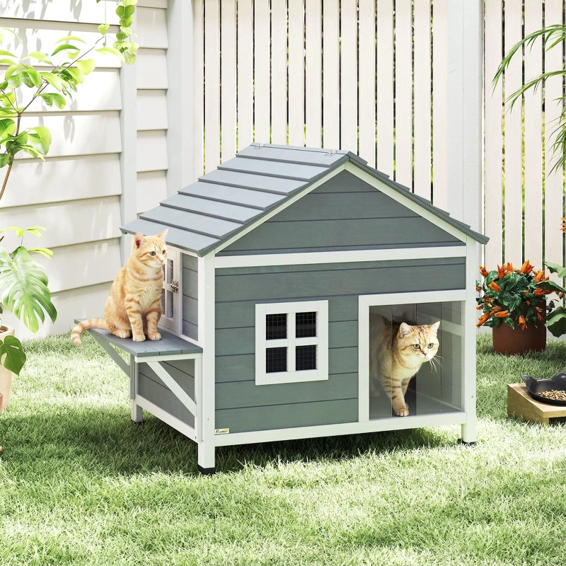 PawHut Katzenhaus aus Holz 2-Etagen Katzenhöhle mit wasserdicht aufklappbar Dach, seitlicher Plattform, 101x72,5x81cm, Grau