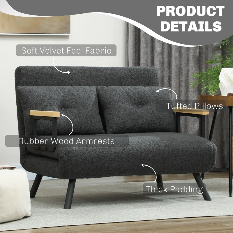 HOMCOM Schlafsofa 2er-Sofa mit Schlaffunktion, inkl. 2 Kissen, Sherpa-Optik, Natur + Dunkelgrau + Schwarz