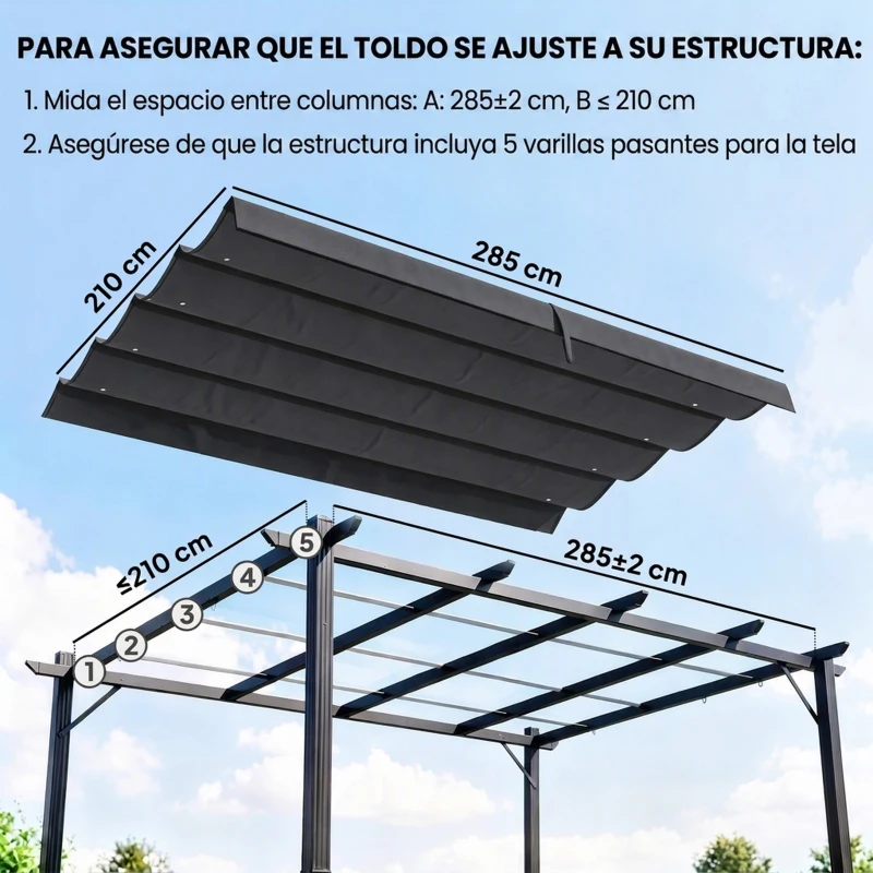 Outsunny Techo de Repuesto Retráctil 3x2,5 m para Marco de 2,85x2 m Toldo de Tela Solo para Cenador Jardín con 8 Orificios Gris Oscuro