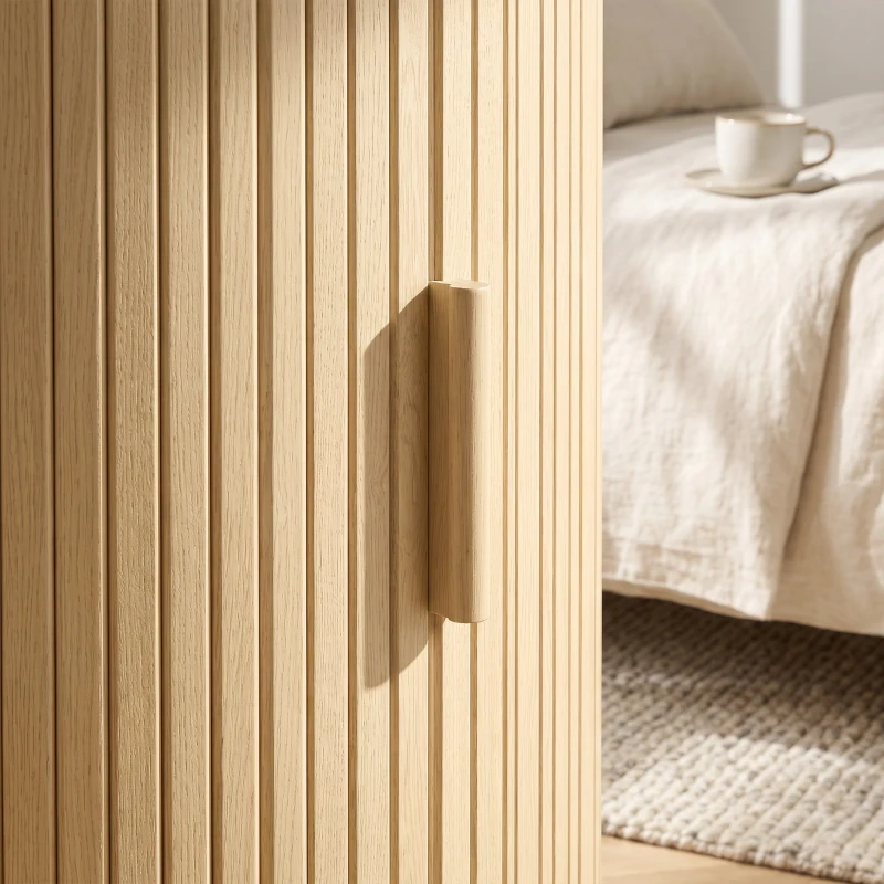HOMCOM Mesita de Noche Redonda Acanalada con Puerta Corredera para Dormitorio y Salón 40x40x50 cm Roble