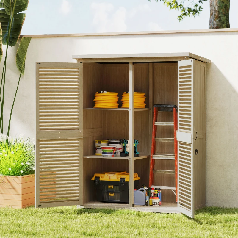 Outsunny Armario de Jardín 0,83 m² 127x65x168 cm con 2 Puertas de Persiana 2 Estantes 2 Asas y Techo Impermeable Natural