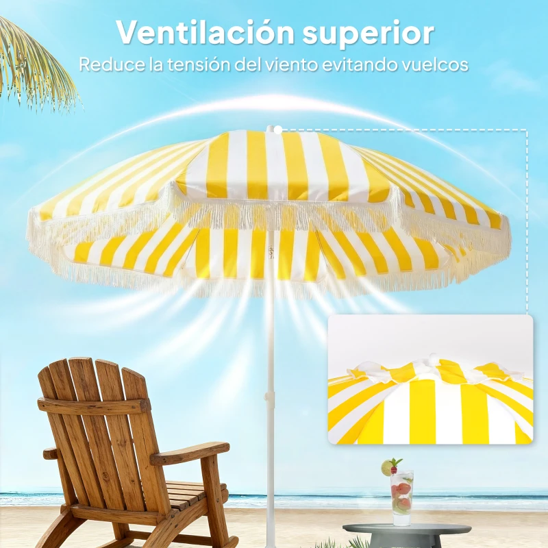 Outsunny Sombrilla de Playa con Flecos Ø180 cm Sombrilla de Terraza Exterior Altura Ajustable Inclinación 30° Amarillo y Blanco