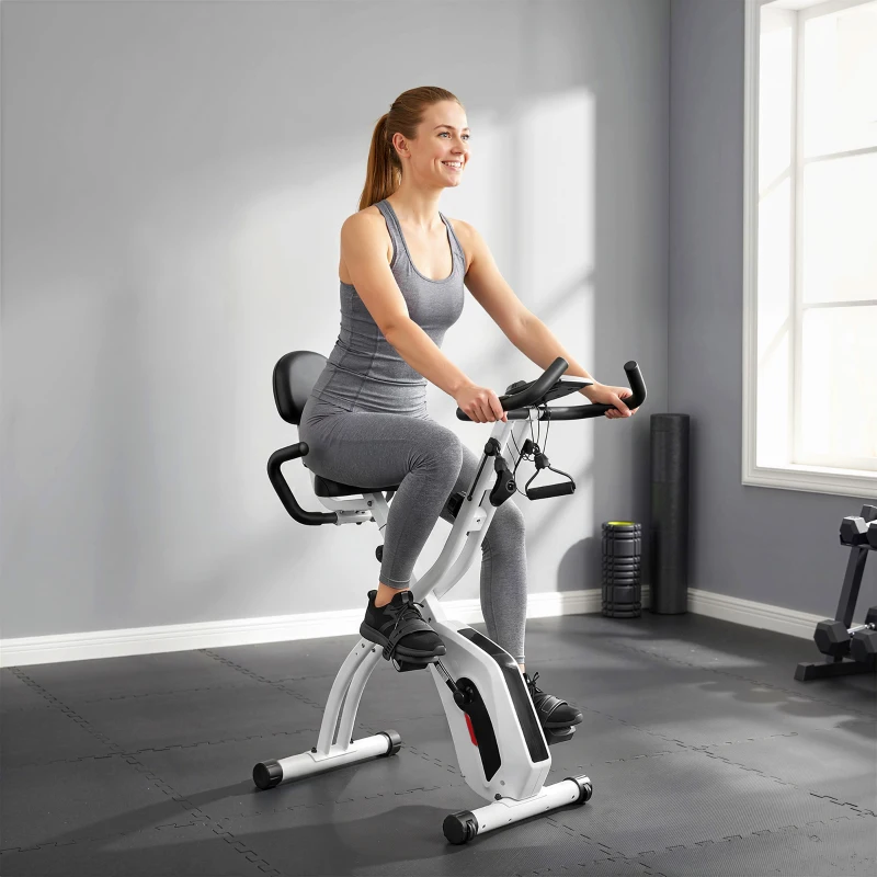 SPORTNOW Vélo d'Appartement Pliable Vélo de Fitness 3 en 1 Silencieux Connecté Kinomap Bluetooth et Zwift 105x53,5x109cm Blanc