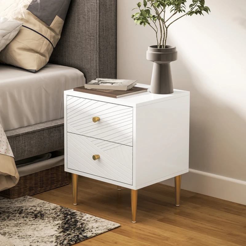 HOMCOM Elegant Two-Drawer Bedside Table - White/Gold-Tone