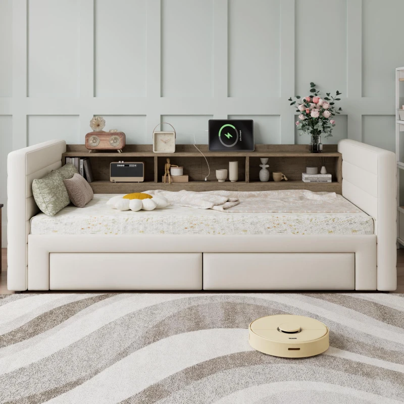 Practical Upholstered Daybed with Pull-Out Trundle, Ideal Bed Frame for Studios, Living Rooms, or Guest Spaces, 200L x 140W x 100H cm, Beige