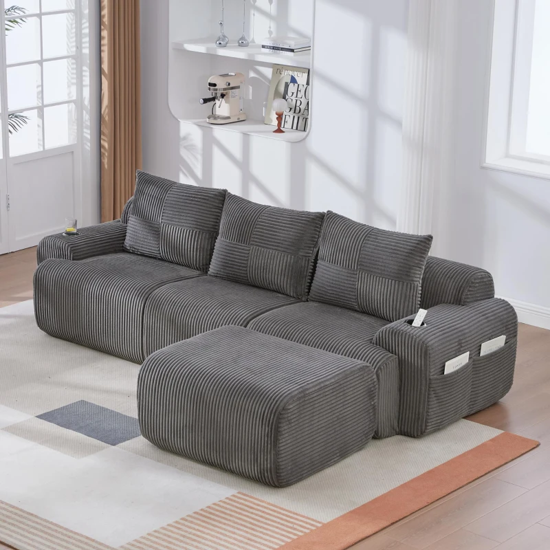 Corduroy L-Shaped Sectional Sofa with Integrated Cup Holders, 3-Seater Modular Cord Sofa for Living Rooms, 268L x 174W x 80H cm, Dark Gray