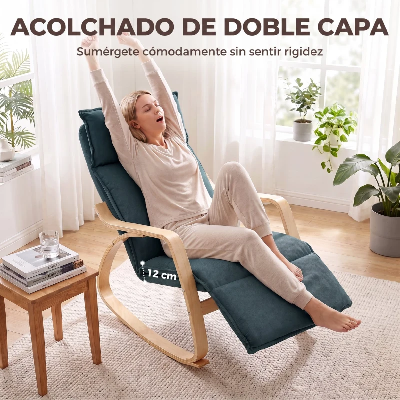 HOMCOM Silla Mecedora con Reposapiés Ajustable en 5 Posiciones Reposabrazos de Madera Acolchado Doble Capa Verde Oscuro