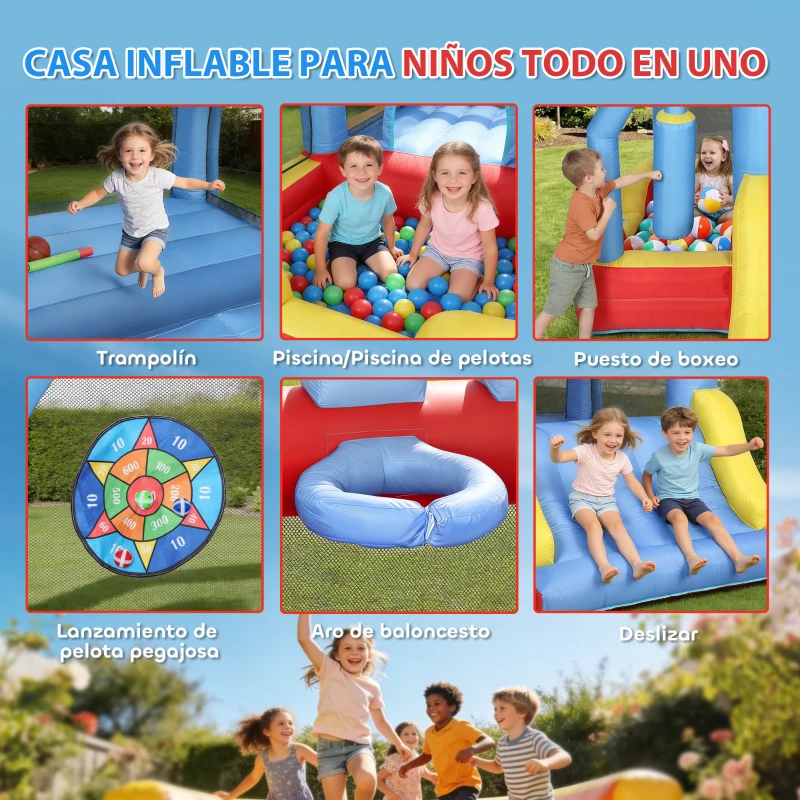AIYAPLAY Castillo Hinchable para Niños con Soplador Tobogán Trampolín Piscina Pilar de Boxeo y Aro de Baloncesto 277x270x215 cm