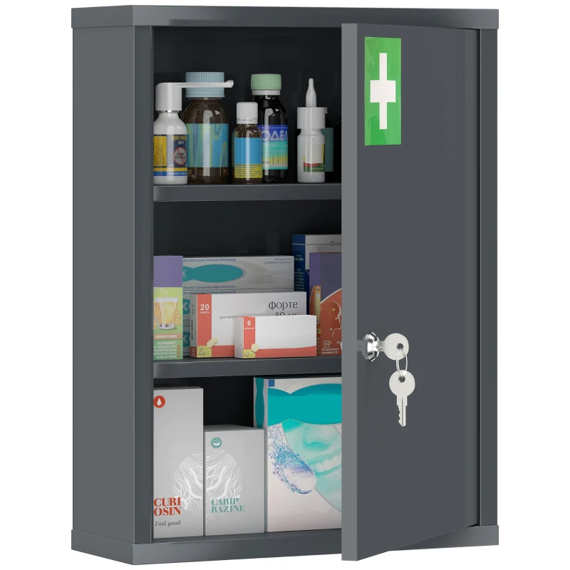 kleankin Medizinschrank zur Wandmontage mit Schloss, 3-stufiger Stahl-Wandschrank, 40 x 15 x 53,5 cm, Kohlegrau