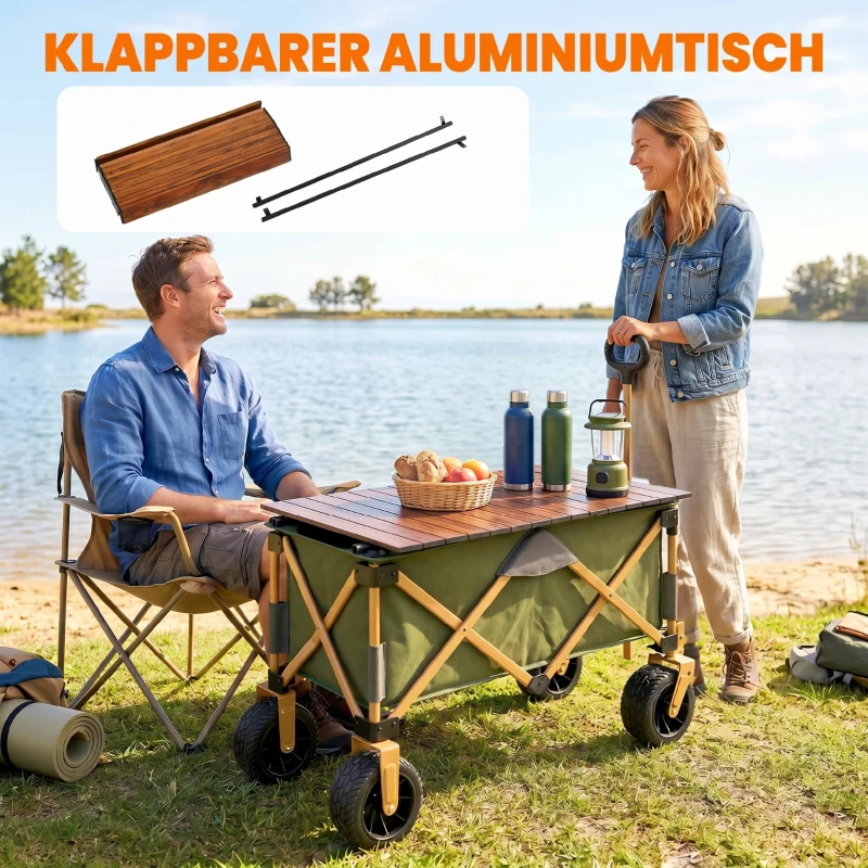 Outsunny Bollerwagen, klappbar, mit Klapptisch, Stahlrahmen, höhenverstellbarer Griff, Grün, 108 x 55 x 93 cm