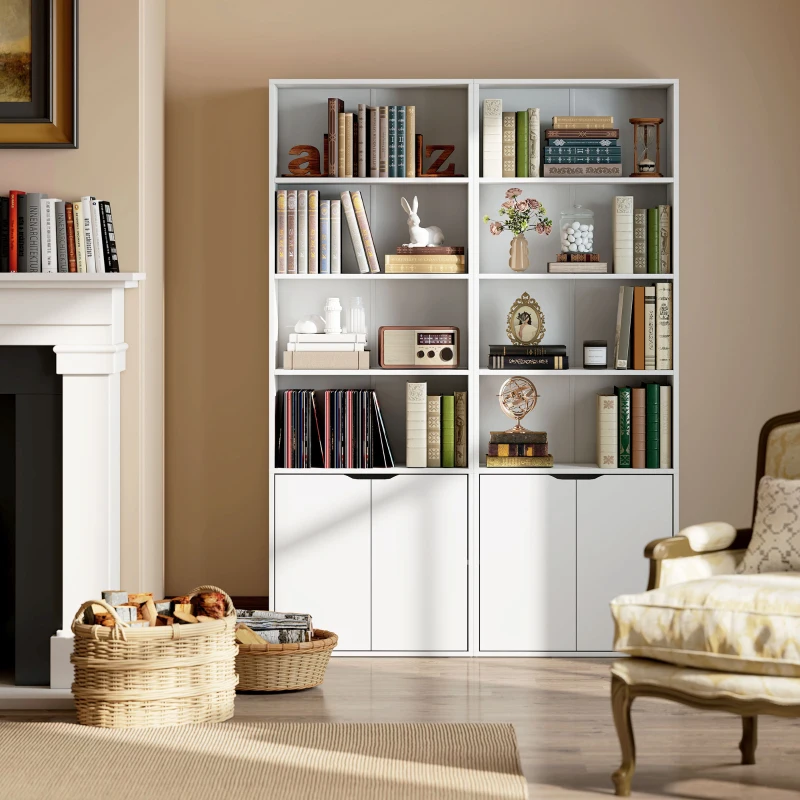 HOMCOM 6-Tier Tall Bookcase, Bookshelf with 4 Open Shelves and Double Door Storage Cabinet, Freestanding Display Rack for Living Room, Bedroom, Home Office, Study, 59 x 29 x 180cm, White