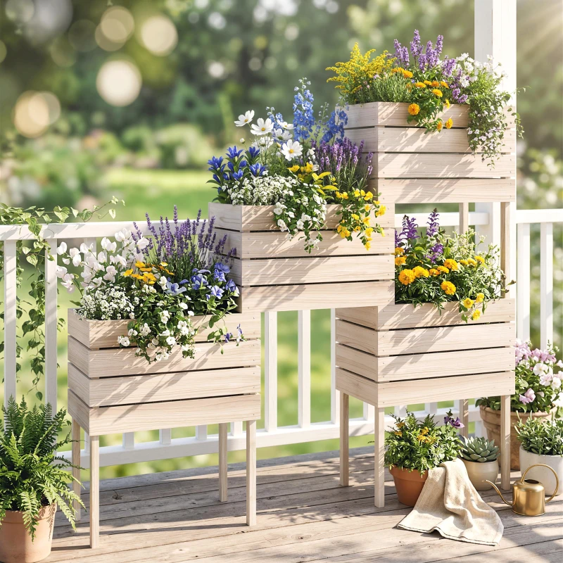 Outsunny Jardinières sur Pieds carrés potagers - Lot de 4 jardinières sur Pied modulables - 50L x 30l x 60H cm
