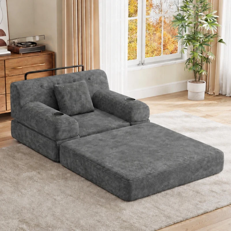 1-Seater Sleeper Sofa with Metal Frame and High-Density Foam, Convertible Chair Bed for Living Rooms or Home Offices, 107L x 80W x 81H cm, Dark Gray