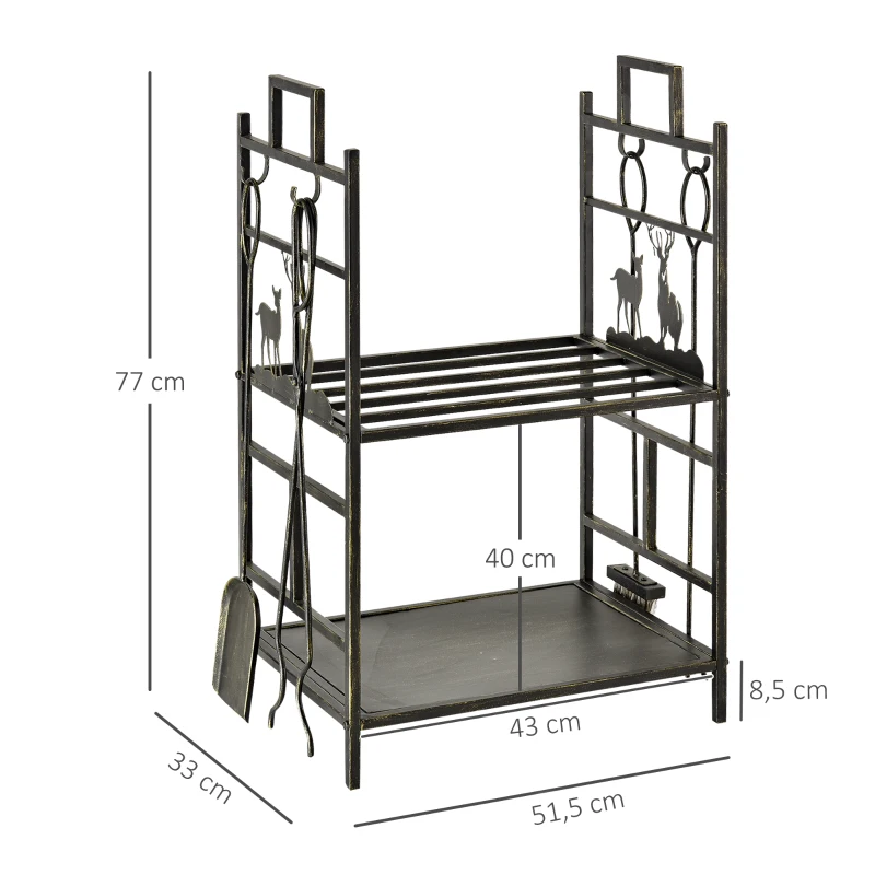 Porte-bûches range bûches étagère à bois de cheminée serviteur de cheminée cerf multi-accessoires 2 étagères dim. 51,5L x 33l x 77H cm métal noir or vieilli