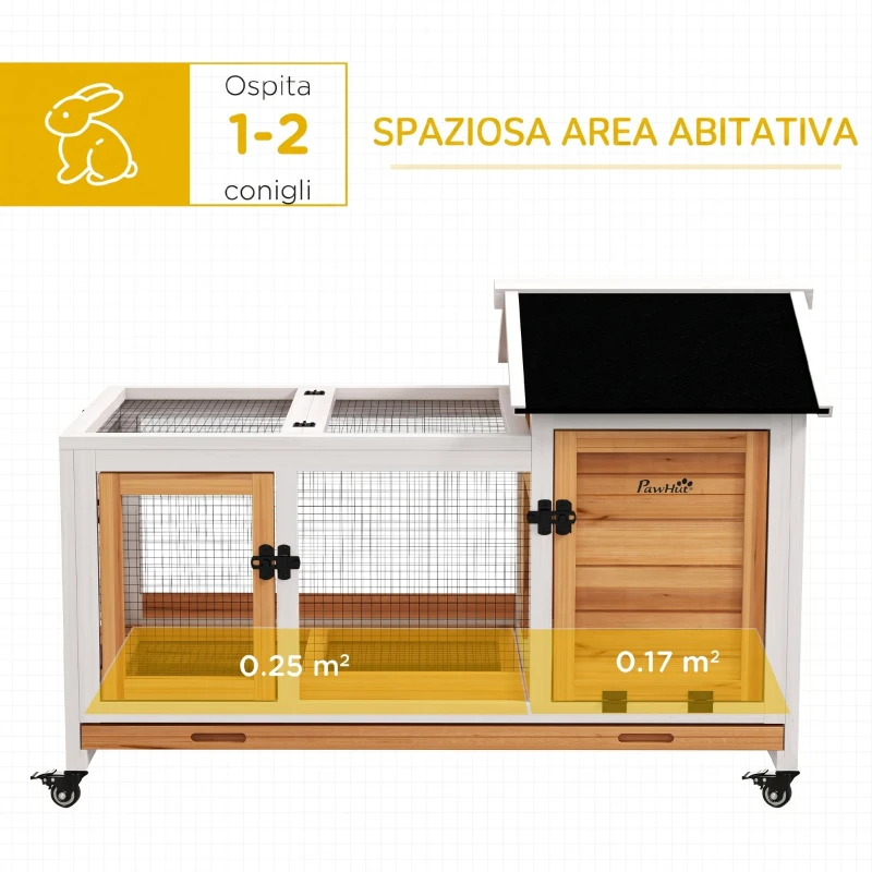 PawHut Conigliera in Legno da Interno ed Esterno con Ruote, Casetta, Tetto Apribile, Porte e Vassoio Estraibile, Giallo