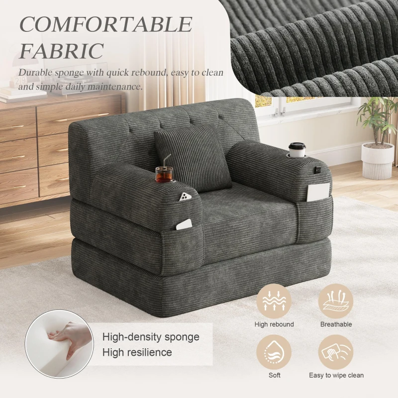 1-Seater Sleeper Sofa with Metal Frame and High-Density Foam, Convertible Chair Bed for Living Rooms or Home Offices, 107L x 80W x 81H cm, Dark Gray