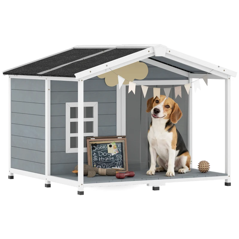 PawHut Hundehütte wetterfestes Erhöhtes Hundehaus aus Holz mit Asphaltdach, Terrasse, für mittelgroße Hunde 103x107x83,5cm Grau