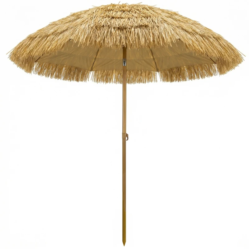 Outsunny Sombrilla de Playa con Flecos de Paja Ø178 cm con Inclinación Altura Ajustable UV50+ Bolsa de Transporte Marrón Claro