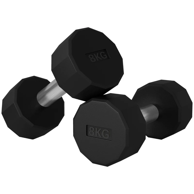 SPORTNOW Pack de 2 Mancuernas Dodecagonales de 2x8 kg de Metal Recubiertas de Goma para Entrenamiento en Casa Gimnasio Negro