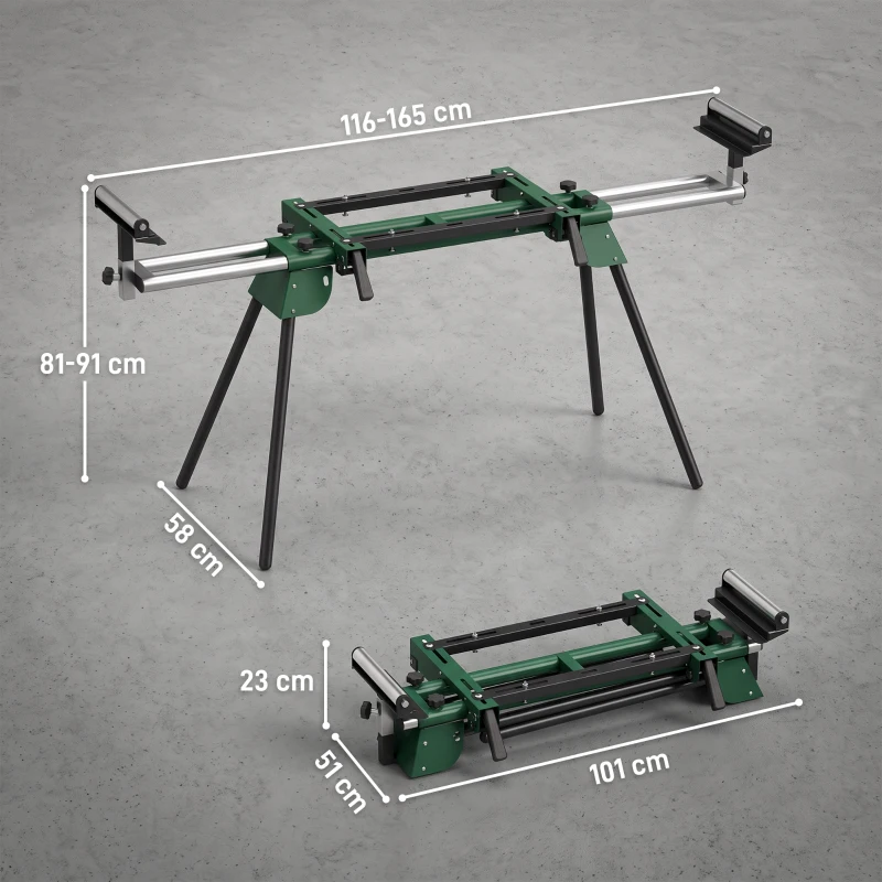 HOMCOM Soporte de Sierra Ingletadora Plegable Universal con 2 Rodillos de Apoyo Altura y Ancho Ajustable Carga 200 kg Verde