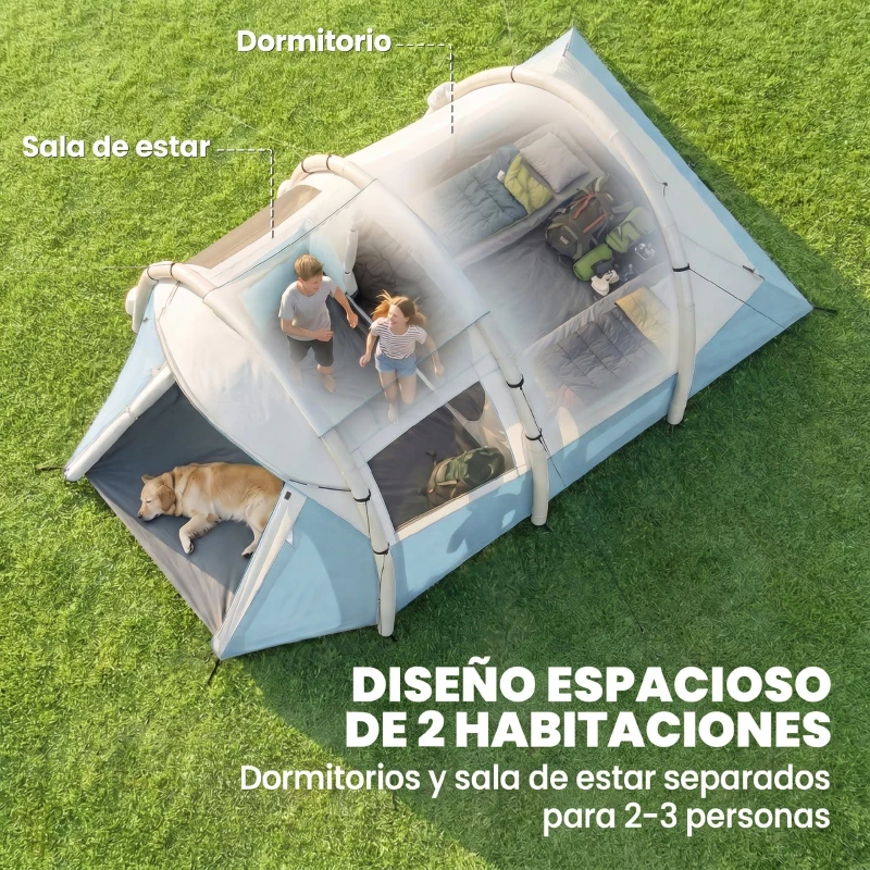 Outsunny Tienda Campaña Inflable 2-3 Personas con Bomba Dormitorio y Zona de Estar Impermeable 3000 mm Montaje Rápido Azul Claro