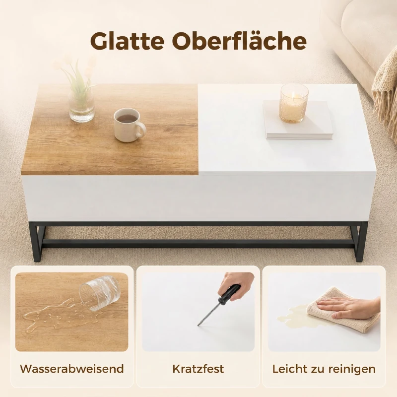 HOMCOM Ausziehbarer Couchtisch, moderner Wohnzimmertisch mit verschiebbarer Platte, verstecktem Stauraum und Stahlbeinen, Weiß