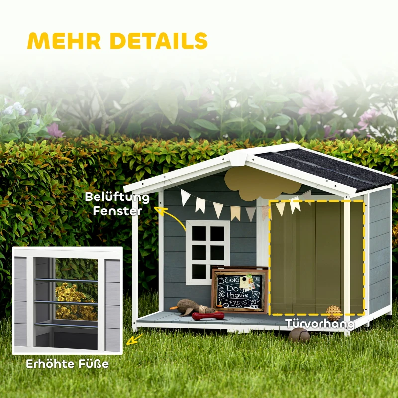 PawHut Hundehütte wetterfestes Erhöhtes Hundehaus aus Holz mit Asphaltdach, Terrasse, für mittelgroße Hunde 103x107x83,5cm Grau
