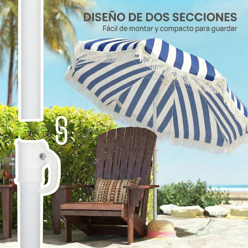 Outsunny Sombrilla de Playa con Flecos Ø180 cm Sombrilla de Terraza Exterior con Altura Ajustable Inclinación 30° Azul y Blanco