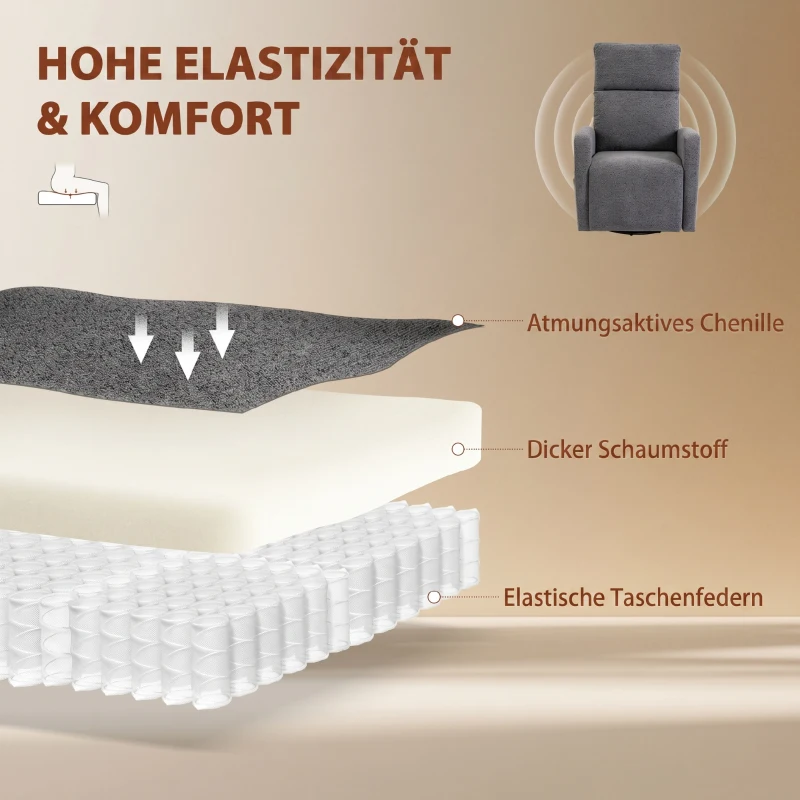 HOMCOM Relaxsessel Drehbarer Fernsehsessel mit Wärme und Vibrationsmassage, Liegefunktion, Wippfunktion Dunkelgrau