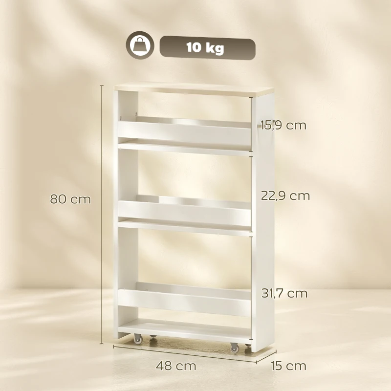 kleankin Armario Auxiliar de Baño Carrito con 3 Estantes y Ruedas para Espacios Estrechos 50x13x67,5 cm Blanco