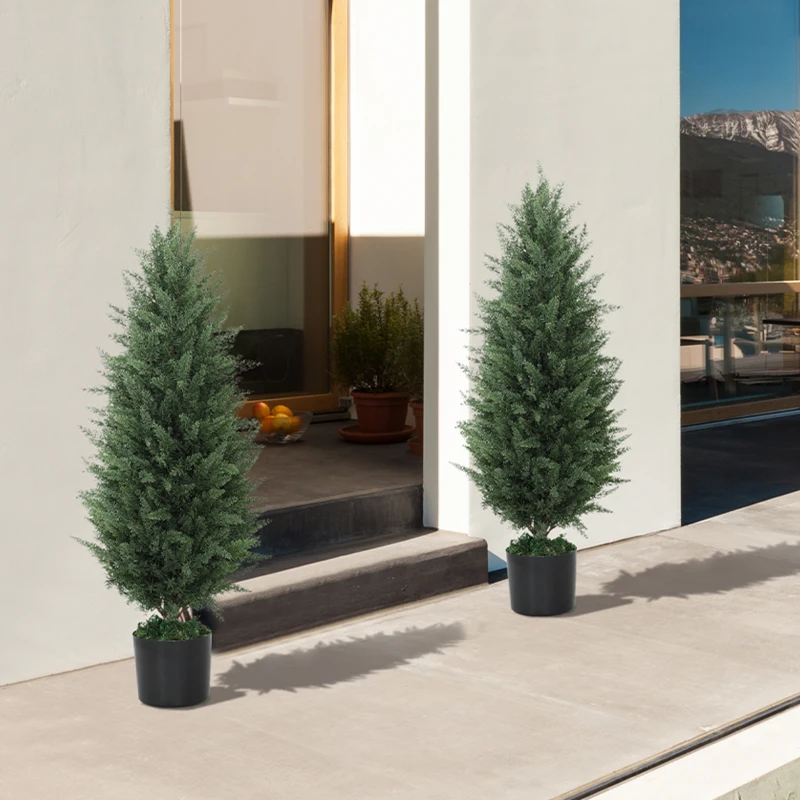 HOMCOM Set van 2 Kunstcipressen, Kunstbomen met 831 Bladeren, met Cementpot, UV-bestendig, Kunstplant, 90 cm, Groen