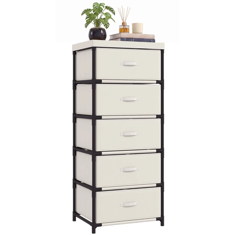 HOMCOM Comodă pentru dormitor cu 5 sertare din textil, cadru din oțel, comodă pentru living, birou, dressing, bej