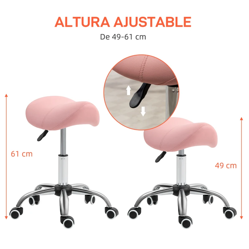 HOMCOM Taburete con Ruedas Taburete Giratoria con Altura Ajustable Taburete Cosmética Dentista Peluqueria 52x53x49-61 cm Rosa