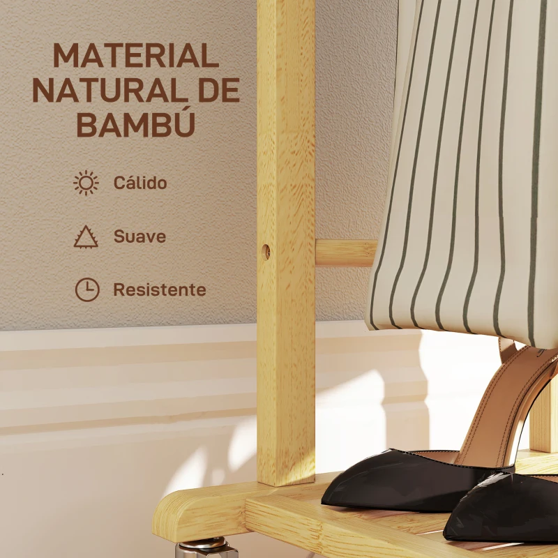 HOMCOM Galán de Noche Bambú con Ruedas Percha Superior Barras para Pantalones y Balda Inferior para zapatos Natural y Blanco