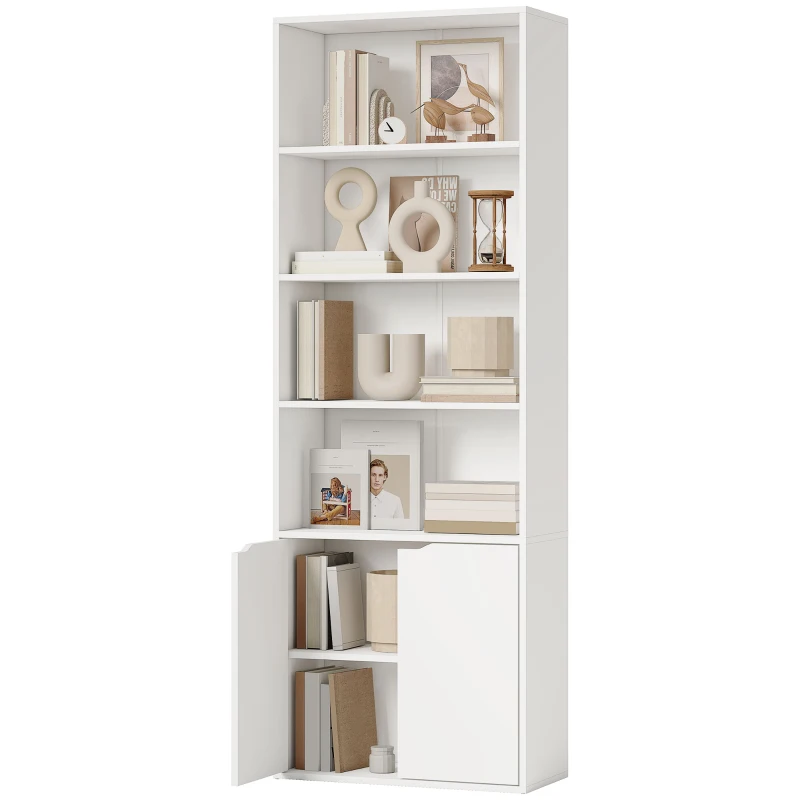 HOMCOM 6-Tier Tall Bookcase, Bookshelf with 4 Open Shelves and Double Door Storage Cabinet, Freestanding Display Rack for Living Room, Bedroom, Home Office, Study, 59 x 29 x 180cm, White