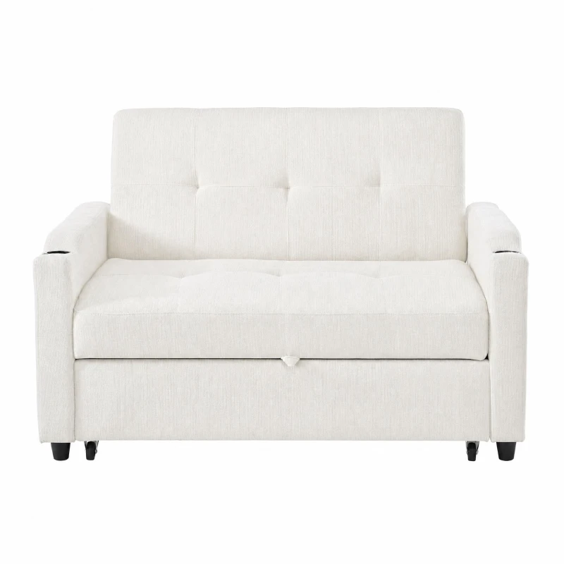 Convertible Sofa Bed with Adjustable Backrest, Functional Sleeper with USB & Type-C Charging and Cup Holders, 135L x 173W x 58H cm, Off White
