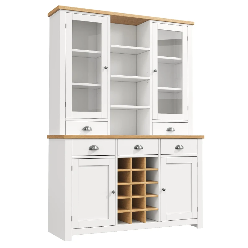 Kitchen Pantry Cabinet with Wine Rack and Adjustable Shelves, Glass-Door Buffet Sideboard with 5 Deep Drawers, 120L x 40W x 185H cm, White