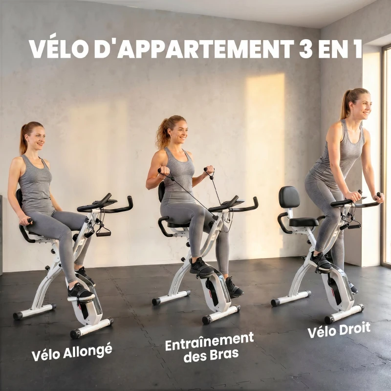 SPORTNOW Vélo d'Appartement Pliable Vélo de Fitness 3 en 1 Silencieux Connecté Kinomap Bluetooth et Zwift 105x53,5x109cm Blanc