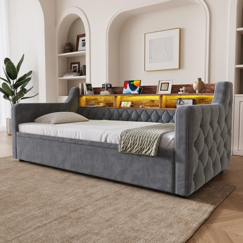 90x190 cm Sofa Bed with Velvet Upholstery, 2-in-1 Space-Saving Daybed for Modern Homes, 201L x 107W x 80H cm, Dark Gray