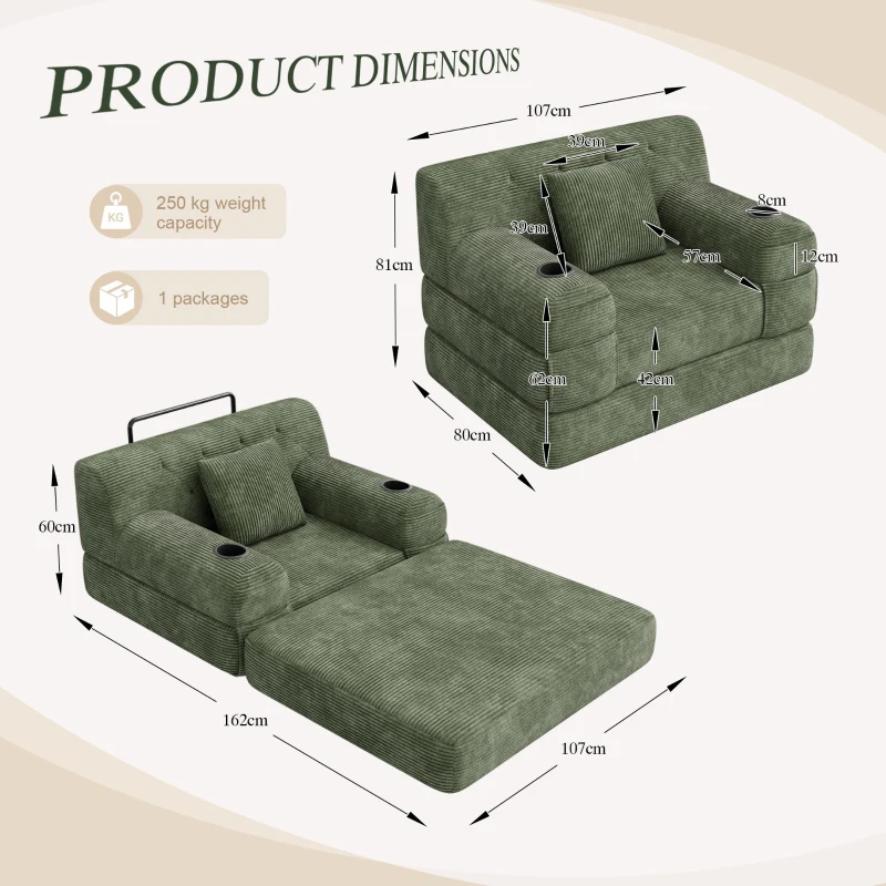 1-Seater Sleeper Sofa with Metal Frame and High-Density Foam, Single Convertible Chair Bed for Cosy Interiors, 107L x 80W x 81H cm, Green