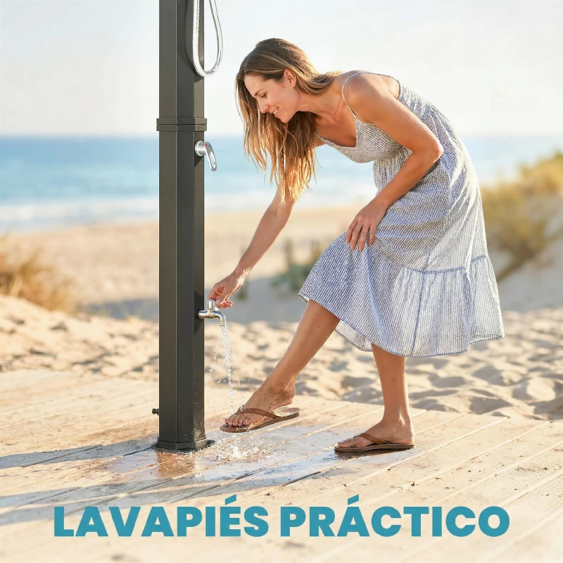 Outsunny Ducha Solar Jardín 60L con Cabezal Ducha de Mano Grifo para Pies y Temperatura Ajustable Máx. 60 °C para Piscina Negro