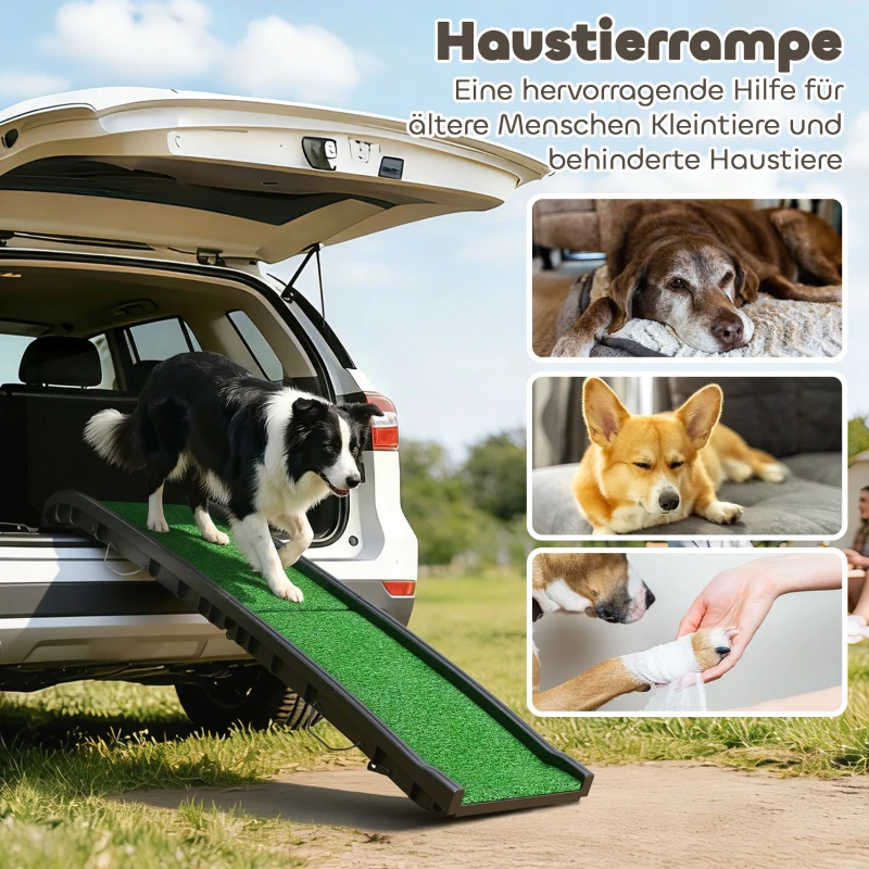 PawHut Hunderampe klappbar Hundetreppe rutschfest Einstiegshilfe für Kofferraum, für Tiere bis 90 kg 155x38,5x15,5 cm Schwarz