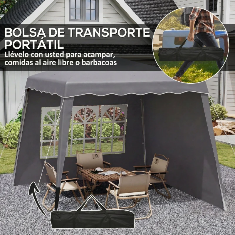 Outsunny Carpa Plegable Pop-up 2,89x2,89m Cenador Pabellón de Jardín con Paredes Laterales Altura Ajustable Protección UV50+ Gris