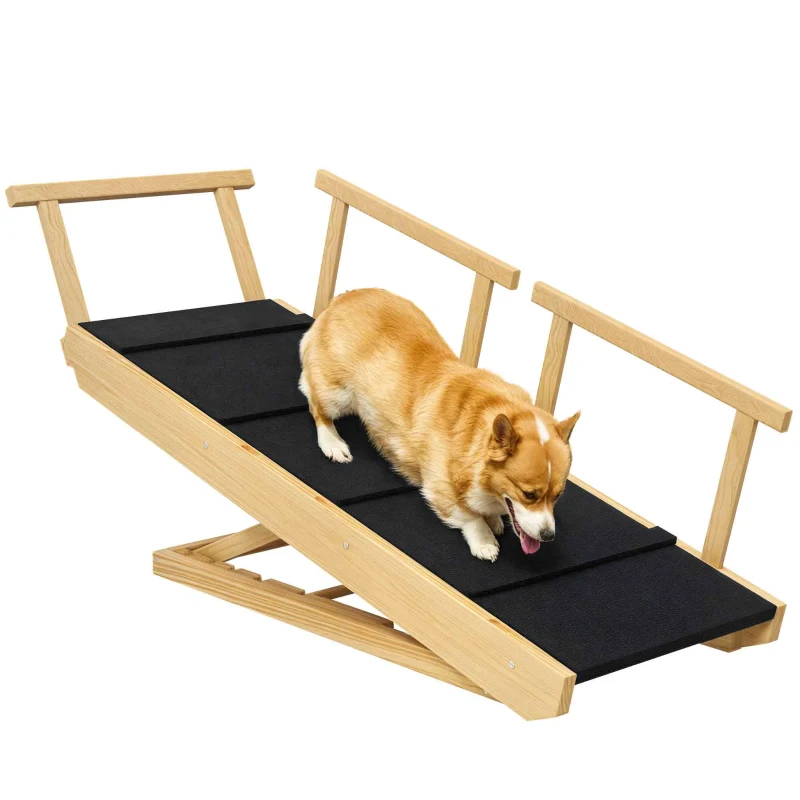 PawHut Hunderampe, höhenverstellbar, klappbar, Geländer, für Hunde bis 40kg, Holzrahmen, 85 x 40 x 61 cm, Schwarz