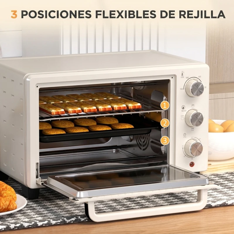 HOMCOM Horno Sobremesa de 21L 1400W Mini Horno Eléctrico Temporizador hasta 60min y Temperatura Regulable hasta 230℃ Crema
