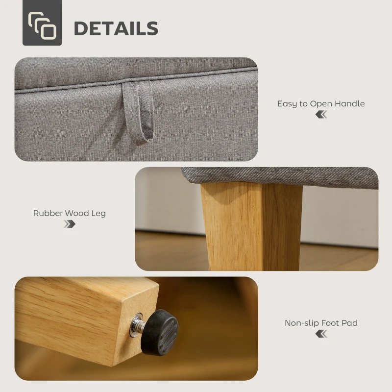 HOMCOM 16L Linen Storage Ottoman Padded Footstool with Rubberwood Legs for Storage Box, Bed End, Shoe Bench, Seating, Light Grey