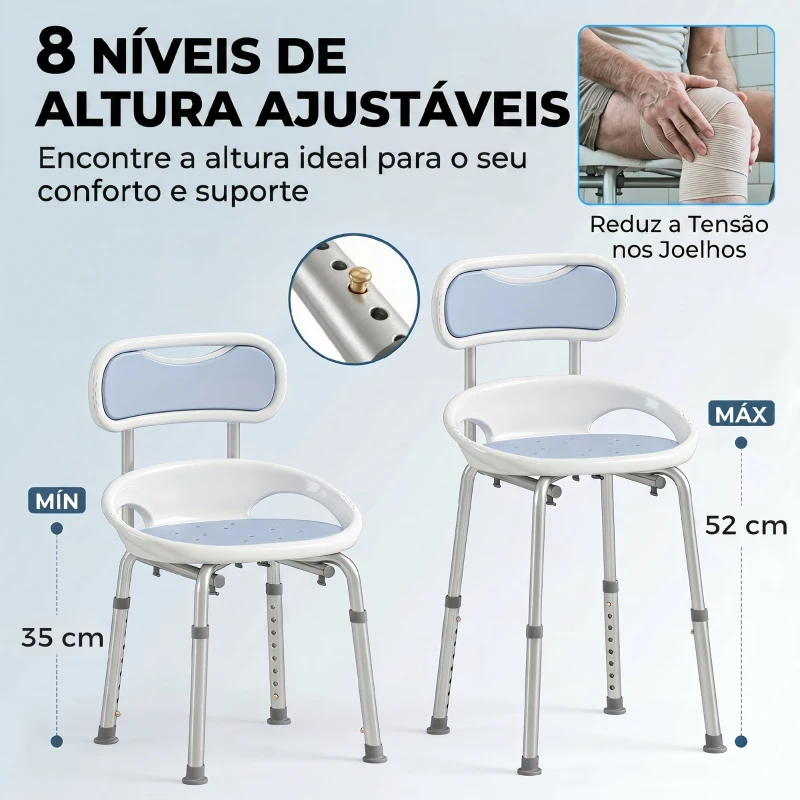 HOMCOM Cadeira de Duche com Encosto Almofadado, Rebordos Laterais e Altura Regulável, 136 kg, Azul