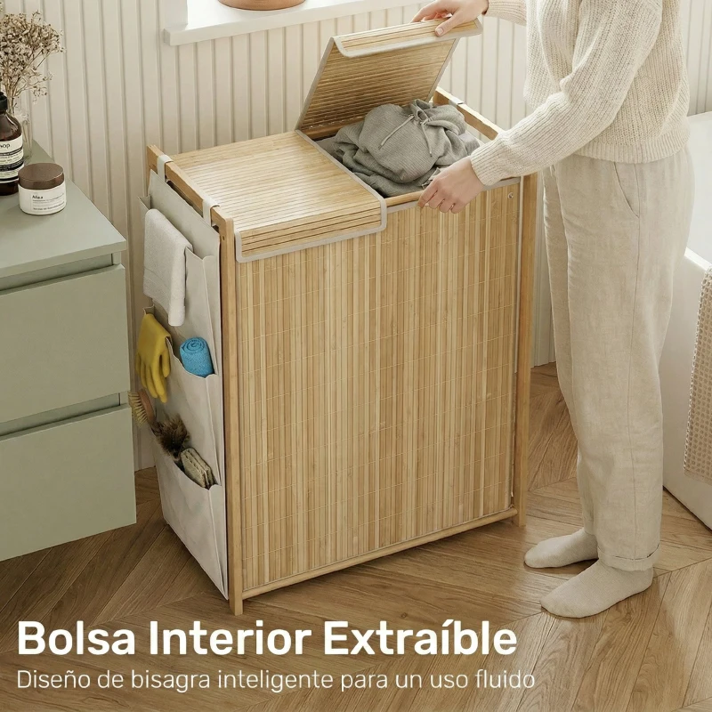 HOMCOM Cesto de Ropa Sucia de Bambú con Tapa 120L con 2 Bolsas con Cordón Extraíbles y Lavables Bolsillos Laterales Natural
